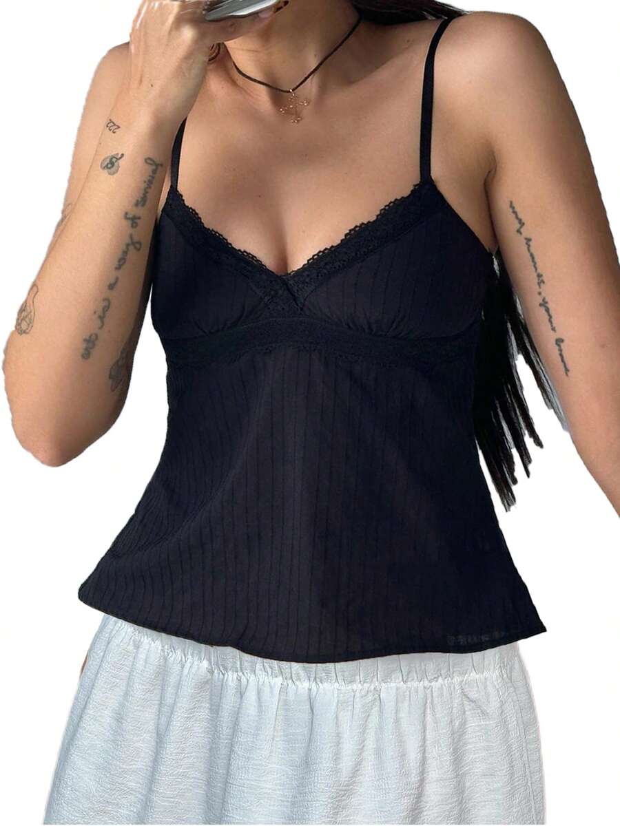 Women's V-Neck Lace Trim Camisole Spaghetti Strap Peplum Crop Tank Tops Loose Sleeveless Ruffle Hem Vest Shirts - 黑色 - 查看 1