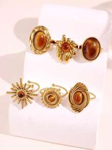 复古夸张棕色宝石椭圆形戒指，时尚不对称几何开口可调节不锈钢戒指，女士魅力珠宝礼物 - 多色 - 查看 3