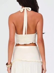 Sexy Twist Front Ruffle Trim Halter Top With Tie Strap For Women Summer Holiday - Cream - View 7