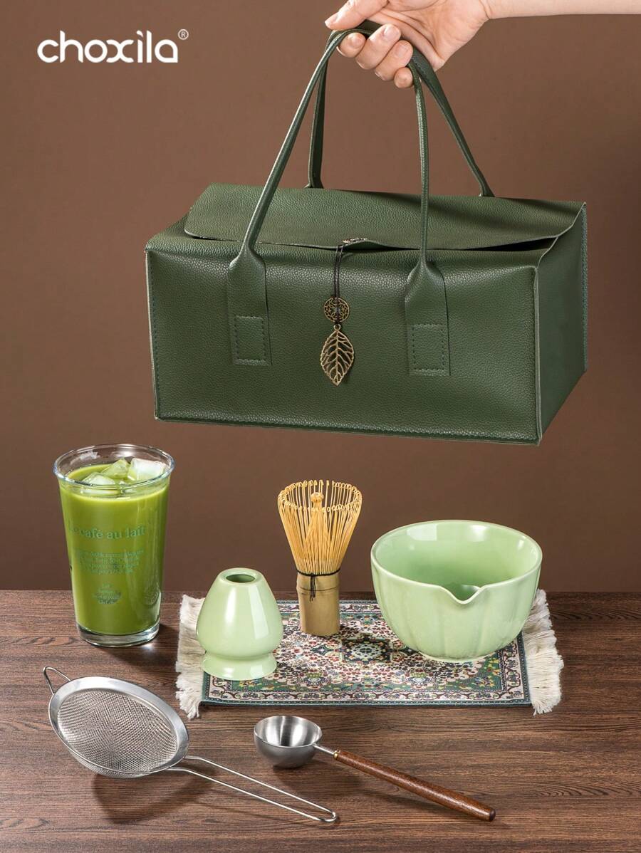 choxila 7pcs Matcha Traditional Starter Set, Matcha Whisk Set, Matcha Preparation Set, Matcha Gift Set (Includes Matcha Bowl, Bamboo Matcha Whisk, Tea Spoon, Whisk Holder, Matcha Sifter, Tea Cup, Tea Mat), Great Gift For Back To School Season - Green - View 1