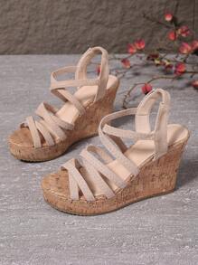 Women's Summer Strap Soft Cork Platform Sandals - Open Toe Design, High Thick Bottom Khaki Color Wedge Sandals, Casual Beach Essential, Woven Sandals