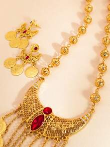 3pcs/Set Vintage Luxury Crescent Moon Earrings And Necklace Set With Gold Coin Fringe Jewelry For Women Weddings And Party Occasion - Yellow Gold - View 12