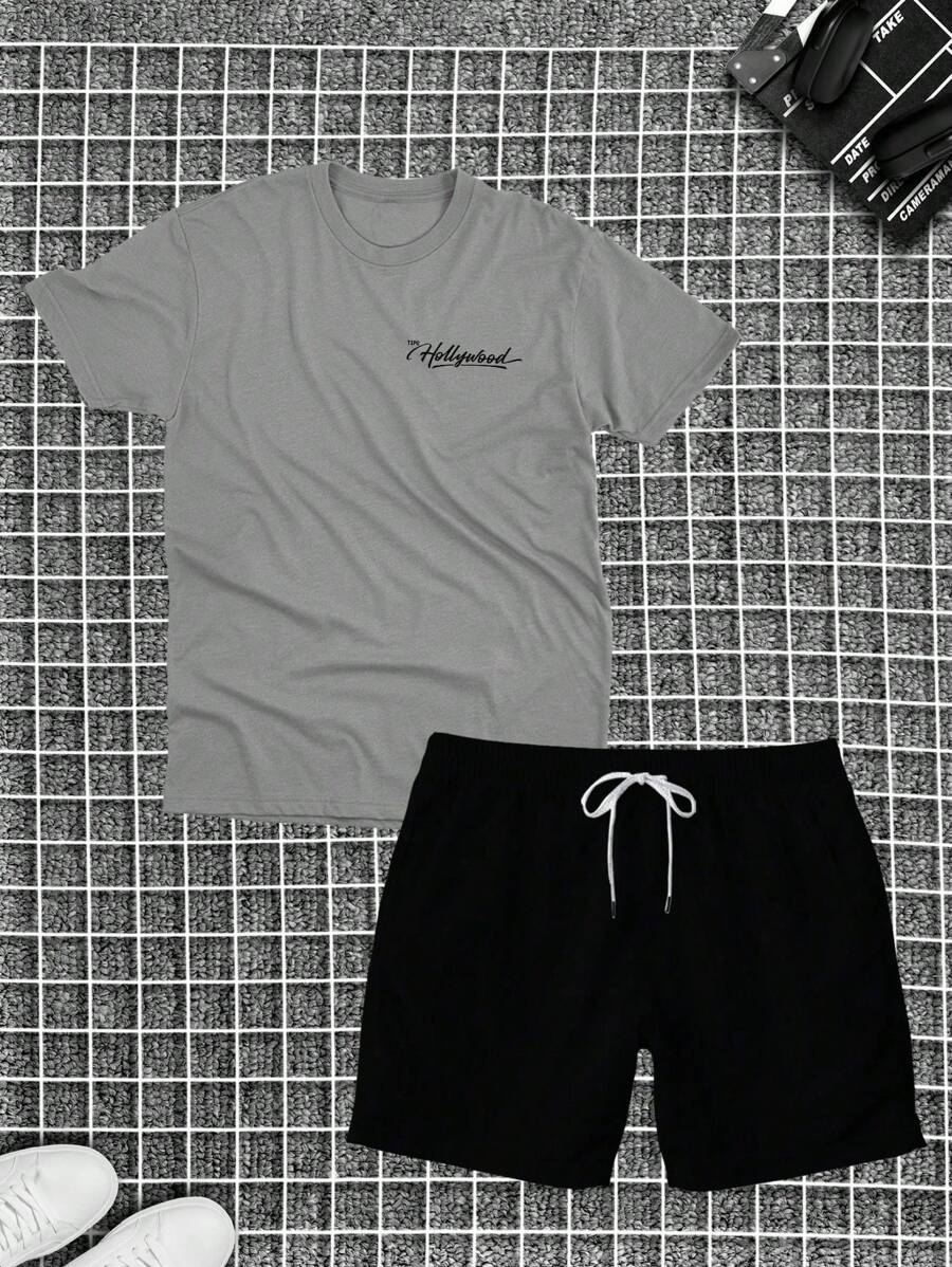 Cotton T-Shirt + Tectel Shorts Set For Men, Adult, New HL - 灰色 - 查看 1
