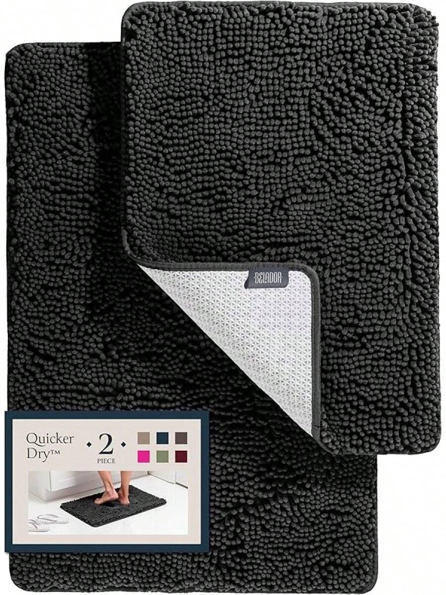 BELADOR Bathroom Rugs Sets 2 Piece- Plush Bath Mat Set Quick-Dry Soft Chenille Mat With Rubber Backing, Absorbent Rug Set, Washable Bath Rugs - Bath Mats 24x17 + 30x20 - Black - View 1