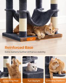 Feandrea Cat Tree, 61-Inch Cat Tower For Indoor Cats, Plush Multi-Level Cat Condo With 5 Scratching Posts, 2 Perches, 2 Caves, Hammock, 2 Pompoms - Grey - View 6
