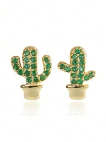 925 纯银仙人掌耳钉，小巧时尚经典优雅奢华百搭日常个性化不对称自然风格