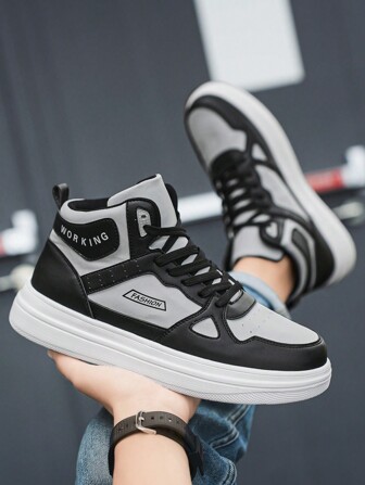 男士复古简约彩色块字母拼接厚底高帮防滑滑板鞋，时尚户外高帮休闲运动运动鞋