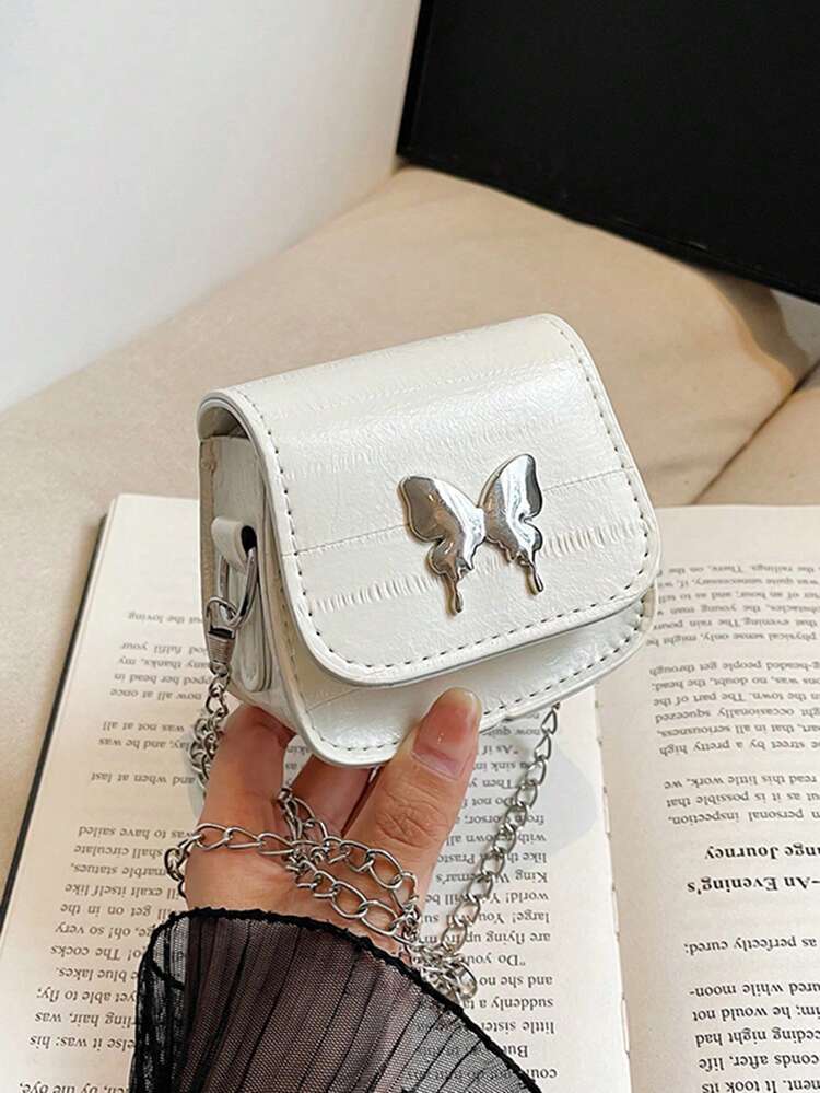 1pc High-Grade Eel Pattern Bow Chain Shoulder Crossbody Mini Saddle Bag Fashionable And Versatile Lipstick Bag Coin Purse, Chain Crossbody Bag With Butterfly Decoration, Fashionable And Versatile Square Bag Shaped Lipstick Bag, Suitable For Girls' Daily Use, Attending Parties, Sweet And Cute Shoulder Crossbody Bag - Butterfly Chain Bag - View 8