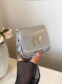 1pc High-Grade Eel Pattern Bow Chain Shoulder Crossbody Mini Saddle Bag Fashionable And Versatile Lipstick Bag Coin Purse, Chain Crossbody Bag With Butterfly Decoration, Fashionable And Versatile Square Bag Shaped Lipstick Bag, Suitable For Girls' Daily Use, Attending Parties, Sweet And Cute Shoulder Crossbody Bag - Butterfly Chain Bag - View 5