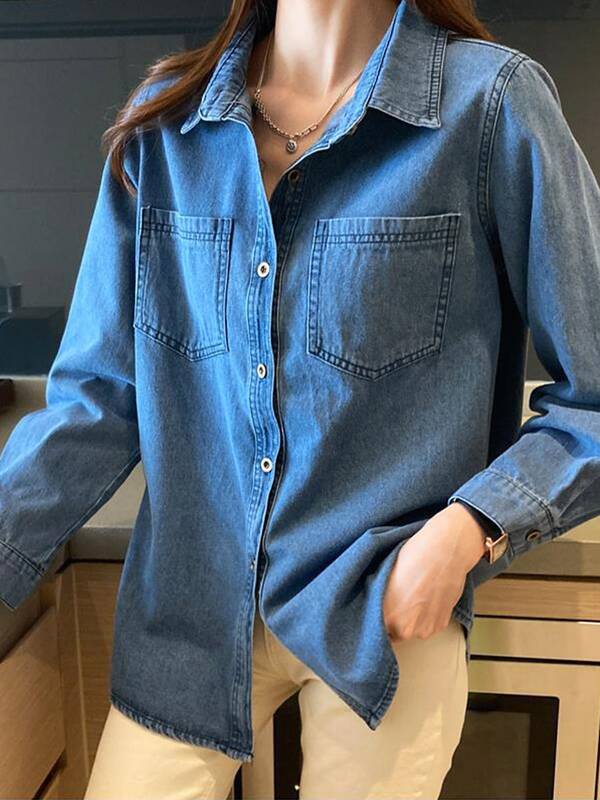 Camisa mezclilla con bolsillo de manga enrollada con botón,Cazadora vaquera con botones y bolsillos