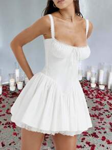 Women's Square Neck Bustier A-Line Dresses Sleeveless Tank Top Lace Trim Stretch Flare Mini Dresses Valentine Day Dress