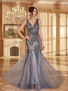 灰色亮片美人鱼网眼派对礼服，女士高腰优雅节日礼服，婚礼宾客礼服，正式礼服，晚礼服