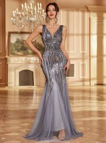 灰色亮片美人鱼网眼派对礼服，女士高腰优雅节日礼服，婚礼宾客礼服，正式礼服，晚礼服