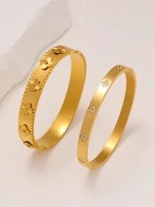 Exaggerated 4-Leaf Clover Stainless Steel Bangle Set For Women, Suitable For Multiple Occasions, Couples, Gala, Party And Gift