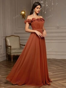 Off-Shoulder Three-Dimensional Floral Appliques Chiffon Ball Gown, Party Dress, Wedding Guest Dress, Prom Dress