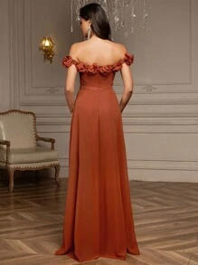 露肩立体花卉贴花雪纺舞会礼服、派对礼服、婚礼宾客礼服、舞会礼服