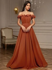 露肩立体花卉贴花雪纺舞会礼服、派对礼服、婚礼宾客礼服、舞会礼服