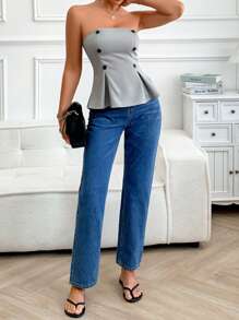Top con silhouette tube top, vita semplice e colore unito, casual e sexy, per donna - Grigio - Visualizzare 6