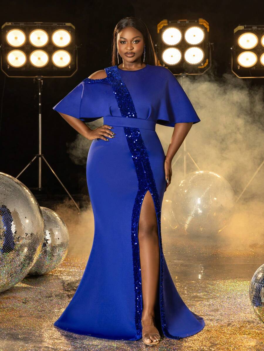 Faeriesty Formelles Partykleid & Abendkleid mit Meerjungfrauensaum, geteiltem Oberschenkel und Kontrast-Pailletten, Hochzeitsgast Kleid in Große Größen