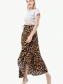 Women Boho Print High Waist Side Wrap Bohemian Asymmetric Hem Maxi Long Skirt - Màu da báo - Xem 2