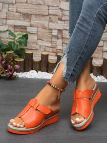 Giày sandal đế dày thanh lịch cho nữ, giày đi bộ thoải mái quai mắt cá chân, giày đi biển gót dốc - trái cam - Xem 5