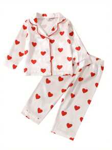 Kids Toddler Baby Girl Valentine's Day Pajamas Set, Heart Print Lapel Button Silk Pajamas 2 Piece Satin Pjs Sleepwear Outfit - 紅色 - 查看 1