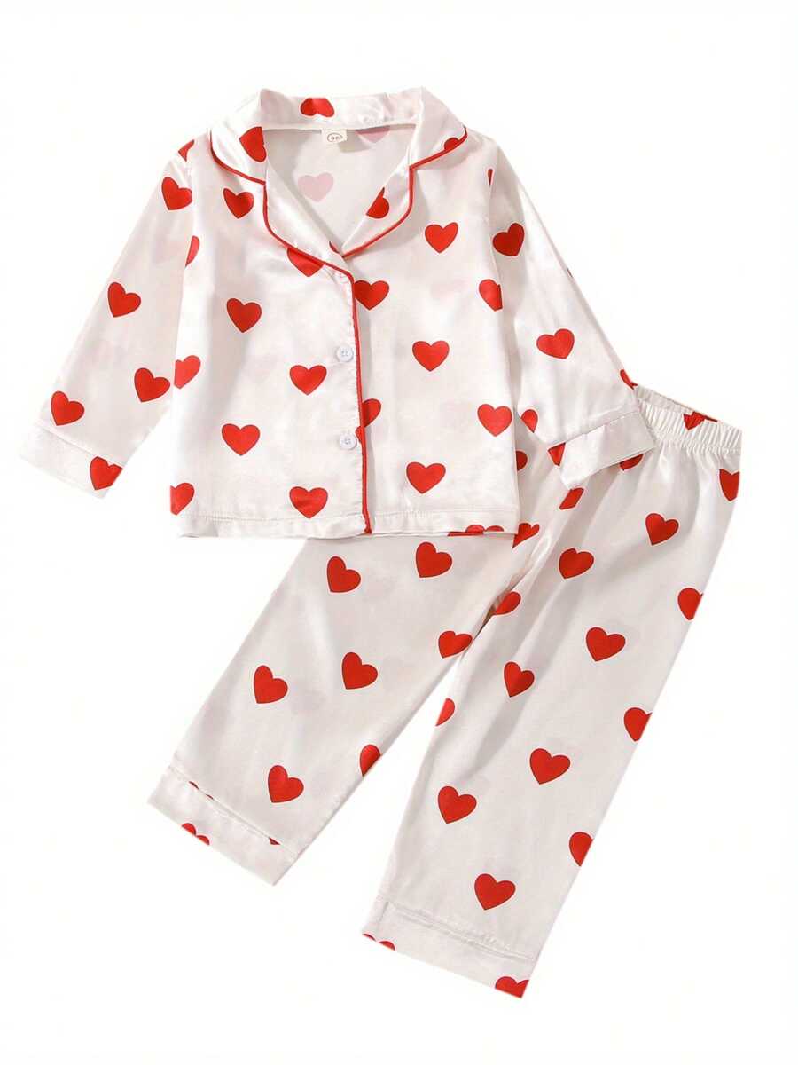 Kids Toddler Baby Girl Valentine's Day Pajamas Set, Heart Print Lapel Button Silk Pajamas 2 Piece Satin Pjs Sleepwear Outfit - 紅色 - 查看 1