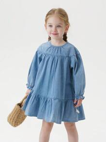 MARC&JANIE 年轻女孩宝宝甜美复古花卉荷叶边袖牛仔连衣裙，春季