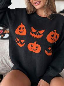 Suéteres de otoño para mujer, de Halloween, con estampado de cara de fantasma de calabaza, manga larga, cuello redondo, prendas de punto - Negro - Ver 6