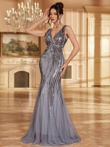 灰色亮片美人鱼网眼派对礼服，女士高腰优雅节日礼服，婚礼宾客礼服，正式礼服，晚礼服