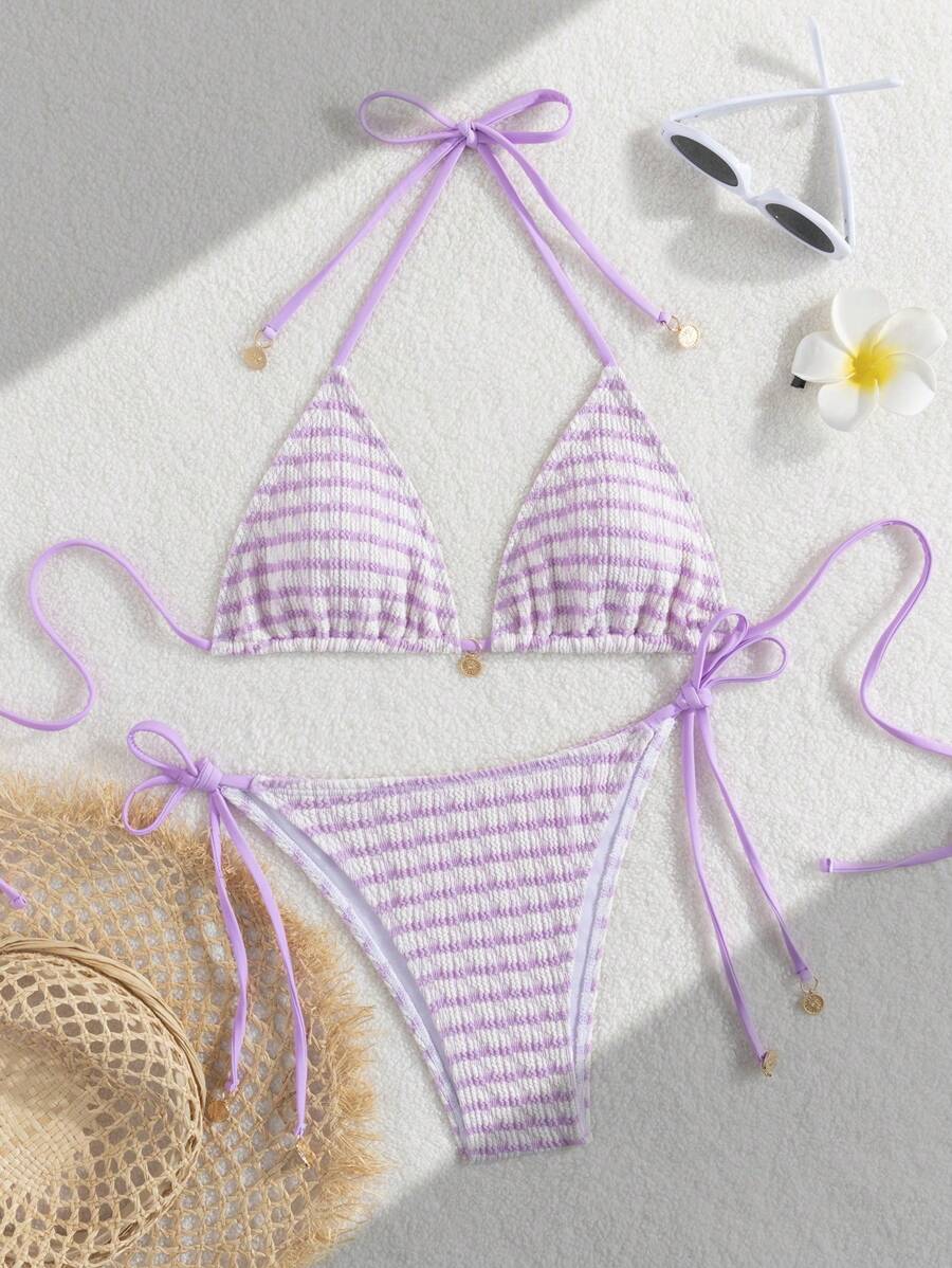 Ladies' Striped And Water Ripple Split Swimsuit Sexy Bikini SexHy Bikini Swimsuit Color Blocking Fashion High-End Hot Spring Party Bikini Careful Machine,European & American Style Sexy Halter Women Bikini Set Swimwear, For Summer Beach Vacation Hot Selling Swimsuits - Mauve Purple - View 1