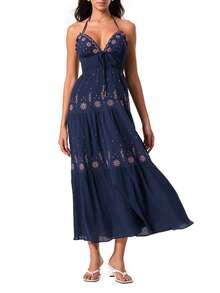 Vestido largo casual de verano para mujer con bordado floral, cuello halter con lazo, sin mangas, sin espalda y corte en A. - azul púrpura - Ver 5