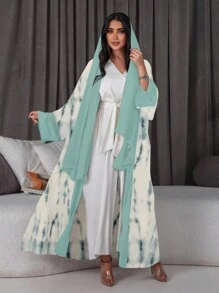 Printed Abaya With Pasta And Cuff Patchwork Design, Modest Robe - Green - View 1