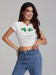 Womenacute;S Easter Crop Tee Cartoon BunnyEgg Print Short Sleeve Round Neck Slim Crop Tops