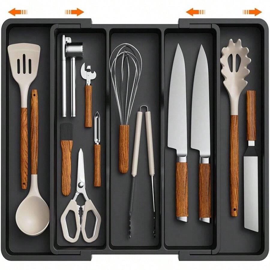 Utensil Organizer Kitchen Drawers, Expandable Cooking Utensil Tray, Adjustable Cutlery Silverware Flatware Holder, Plastic Kitchen Spatula Tools And Gadgets Storage Divider, Large, Black - 黑色 - 查看 1