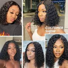 200 Density 16 Inch Curly Short Bob Lace Front Human Hair Wigs For Women Depp Wave 13x4 HD Transparent Brazilian Lace Frontal Wig Closure Swiss Lace Wig Water Wave Pre Plucked,99J,4/27,613,27#,4# - Natural Black - 查看 10