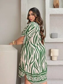 Women's Plus Size Zebra Chemise Shirt Dress With Ruched Kalhessi - Green - View 3