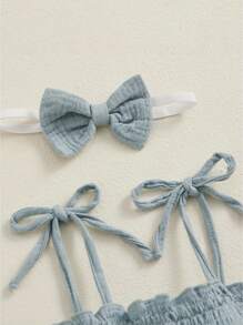 Infant Girls Casual Romper With Headdress, Floral Tie-Up Off-The-Shoulder Jumpsuit With Yarn Hem - Blue - View 6