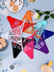 8pcs/Set Heart-Shaped Mesh & Polka Dot Pattern G-String Panties For Women - Multicolor - View 1