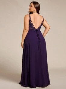 EVERPRETTY Plus Chiffon Spaghetti Strap Plunging Backless Pleated Bridesmaid Dresses - Purple - View 5