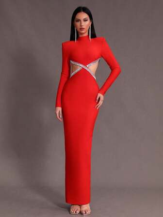 Modphy New Heavily Embellished Sparkly Backless Long Sleeve Bodycon Bandage Dress, Elegant For Wedding, Gala, Birthday Party, Eid Celebration