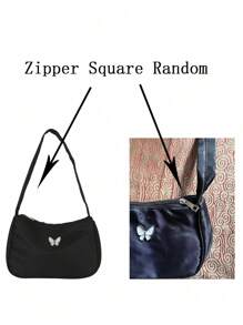 1pc Nylon Zipper Small Shoulder Bag, Double-Sided, Minimalist & Lightweight Butterfly Shoulder Bag, Butterfly Pendant Underarm Bag, Great Gift, Suitable For Daily Use - Black - View 4