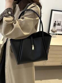 New Solid Color Luxury Feeling Versatile Women Shoulder Tote Bag - Black - View 6