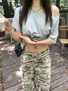 Solid Color Short Sleeve T-Shirt, Loose Slouchy Off-Shoulder Off Shoulder Lightweight Breathable Blouse