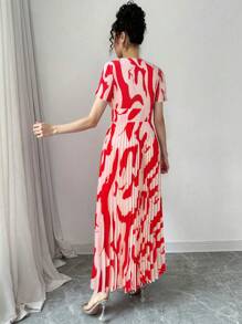 修身优雅红色褶皱连衣裙女款纯色皱褶时尚年轻百搭优雅轻盈花卉中长连衣裙夏季 - 紅色 - 查看 4