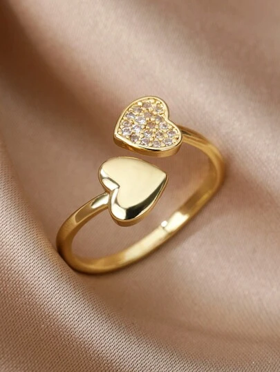 Anillo ajustable de acero inoxidable con forma de media luna y corazón, incrustado con circonita cúbica, chapado en oro de 18K, adecuado para mujeres, joyería romántica de boda de oro, accesorio para días festivos, regalo para el Día de la Madre, San Valentín