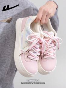 WARRIOR 1 Pair Women's Lace-Up White Thick Sole Skate Shoes, Low-Top Casual Outdoor Flat Sneakers, Breathable Summer Canvas Shoes, Versatile Lightweight Skateboard Inspired Fashion Comfortable Athletic Sneakers - White/Pink - View 8