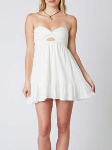 Women Twisted Tube Dress Ruched Boat Neck Cut-Out Backless Sleeveless Double Pockets Flowy Ruffled Dresses - 白色 - 查看 5