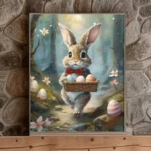1PC Cute Rabbit Decor, Hiking Easter Bunny Poster, Forest Canvas Wall Art, Easter Bunny Decor, Easter Day Wall Art- Home Decor -Living Room, Bed Room, Hallway Decoration Gifts Birthday Graduation