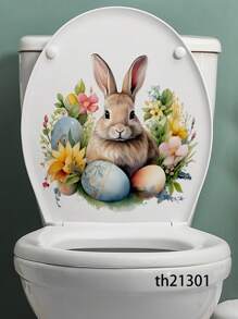 1PC Easter Bunny & Eggs Printed Toilet Sticker, For Home Decoration & Easter Bunny Bathroom Stickers - Waterproof PVC, Spring Butterfly Wall Decal, Vinyl Decal For Home Decorations, Spring Butterfly Element Wall Stickers Decoration Items Refresh Your Home, Rama Decoration Stickers - 11.81*11.81in/11.61*11.61in